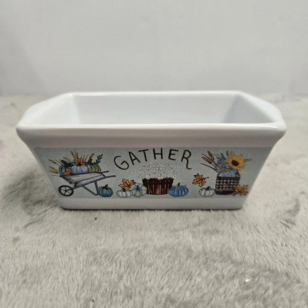Royal Norfolk Harvest Mini Loaf Pan White Ceramic Gather Pumpkin Sunflower 5in